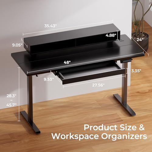 GTPLAYER Electric Standing Desk with Drawers, 48 x 24 Inch Height Adjustable Gaming Desk with Monitor Stand, Power Outlets & LED Lights, Home Office Sit Stand Up Desk with Memory Preset (Ebony Black) - Image 2