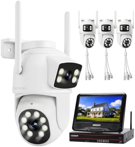 Expandable 10CH NVR Wireless Security System 10.1" Monitor, 4 Dual Lens PTZ 4MP Camera, Humanoid Motion Detection, Spotlight, Siren Alarm, 2-Way Audio, in/Outdoor, 1TB HDD, Color Night Vision by Cromorc