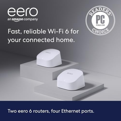 Amazon eero 6 mesh wifi system - Supports internet plans up to 900 Mbps, Coverage up to 3,000 sq. ft., Connect 75+ devices, 2-pack (2 routers) by Unknown