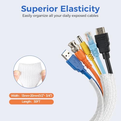Delamu 30ft - 1/2 inch Cable Sleeve Cord Protector from Pets No Chew, Split-Braided PVC Wire Loom Tubing for Desk Computer USB TV Cord Organizer, Easy Set-up Cable Management Sleeve Kit, White - Image 2