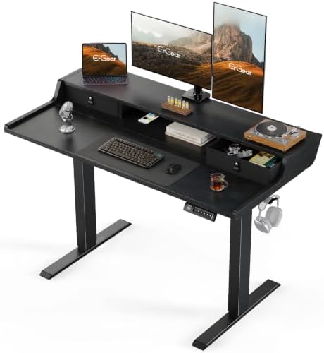 ErGear Electric Standing Desk with Drawers, 48″ x 24″ Gaming Table Compatible Monitor Stand, Stand up Desks, Home Office Height-Adjustable Desk with Storage Shelf, 4 Preset Heights, Black by ErGear