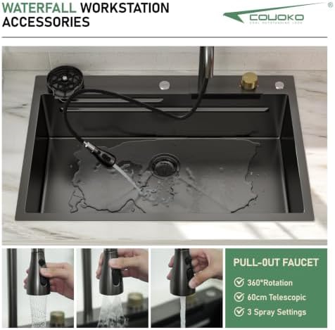 33x22 Black Drop In Waterfall Kitchen Sink with Accessories - Image 4