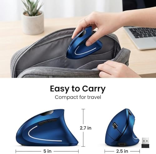 Ergonomic Vertical Wireless Mouse, 2.4G Optical Mouse with USB Receiver, 800-1600 DPI, Silent Click, Battery Powered, 5 Buttons, Stylish Comfortable Mouse for Laptop, PC, Mac, Computer (Blue) - Image 7