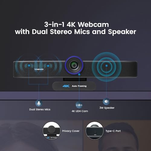 TONGVEO AI Auto-Tracking 4K Webcam with Microphones and Speaker, 5X Digital Zoom Webcam 4K Adjustable Field of View Remote Control Works with Microsoft Teams, Zoom, Google Meet, PC Mac Laptop - Image 3