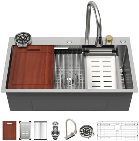Sarlai Waterfall Kitchen Sink - 30 Inch Drop In Waterfall Workstation Kitchen Sink Stainless Steel 16 Gauge Topmount Single Bowl Multifunctional Top Mount Sinks with Faucet Combo 30x19x9 by Sarlai