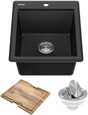 KRAUS Bellucci 18-inch Granite Workstation Drop In Top Mount Single Bowl Kitchen Sink in Metallic Black with Accessories, KGTW12-18MBL by Unknown