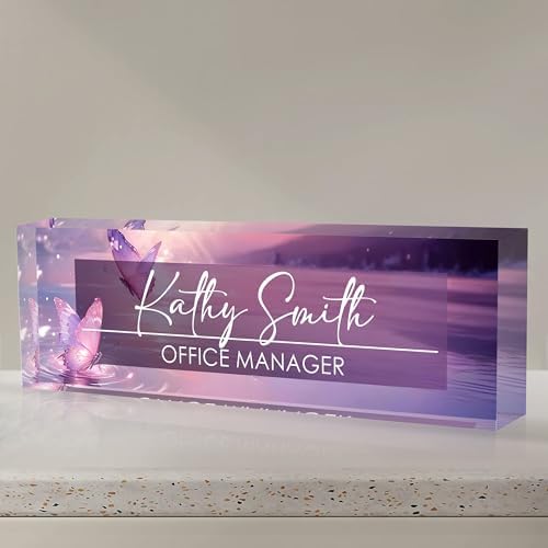 Personalized Name Plate for Desk, Custom Desk Name Plate, Acrylic Name Plate Office Desk Accessories, Personalized Office Gifts for Coworkers Teachers, Employee Appreciation Gifts (Pink Butterfly) by EOBIBIFUN