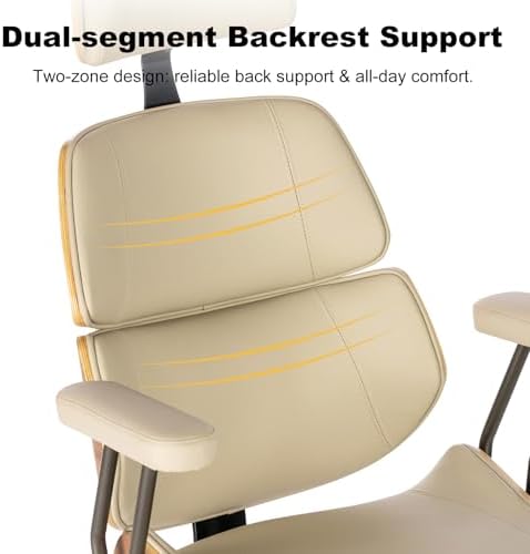 Mid Century Walnut PU Leather High Back Office Chair with Headrest, Beige - Image 5