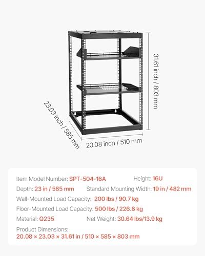 VEVOR 16U Open Frame Network Rack, 23 in Depth, Wall Mounted or Floor Standing Server Rack, Heavy Duty 4 Post, with Vented Shelves & Mounting Hardware, Holds All Your Networking IT Equipment AV Gear - Image 7