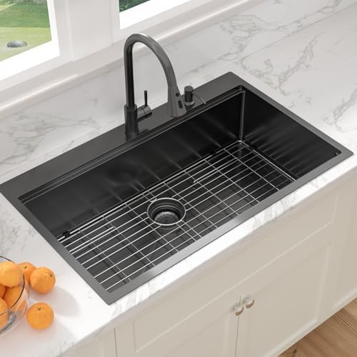 Sarlai 36 Inch Drop In Kitchen Sink - 36x22 Black Drop Kitchen Sink Ledge Workstation 16 Gauge Stainless Steel Gunmetal Black Sinks Topmount Single Bowl Over Counter Sinks Basin Round Corners - Image 3