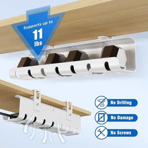 2 Pack No-Drill Under Desk Cable Management Tray 33.8 inch Large Wire Cord Organizers, Cable Management Under Desk for Home and Office No Damage White - Image 3