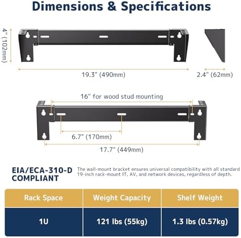 1U Vertical Wall-Mount Rack - 19" Steel Wall & Under-Desk Bracket for Server, Network Switch, or Patch Panel, Supports up to 121lbs, for Cabinet or Server Room, JHSVR-1U - Image 4