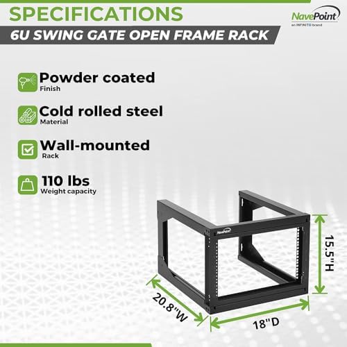 NavePoint 6U Server Rack with Swing Gate - Wall Mount Rack for 19 Inch IT & AV Equipment - 18' Deep, Black - Image 4