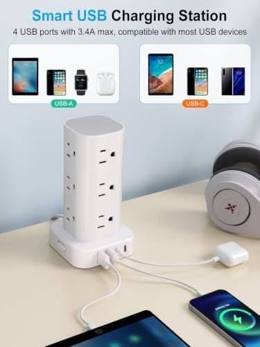 10FT Power Strip Tower Surge Protector, 12 Wide Spaced Outlets, 4 USB - Image 4