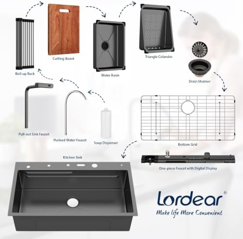 Lordear Drop In Kitchen Sink 33 inch Black Waterfall Sink T304 16 Gauge - Image 7
