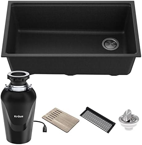 KRAUS Bellucci Workstation 32 in. Undermount Granite Composite Single Bowl Kitchen Sink in Metallic Black with Accessories with WasteGuard™ Continuous Feed Garbage Disposal, KGUW2-33MB-100-75MB by Unknown