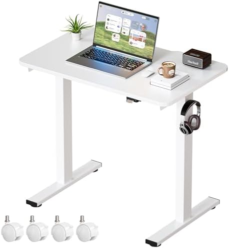 Okin Electric Standing Desk 31.5x19.7 Inches Small Computer Desk-Whole Piece Stand up Desk with Wheels Gaming Rolling Home Office Desks, White by Okin