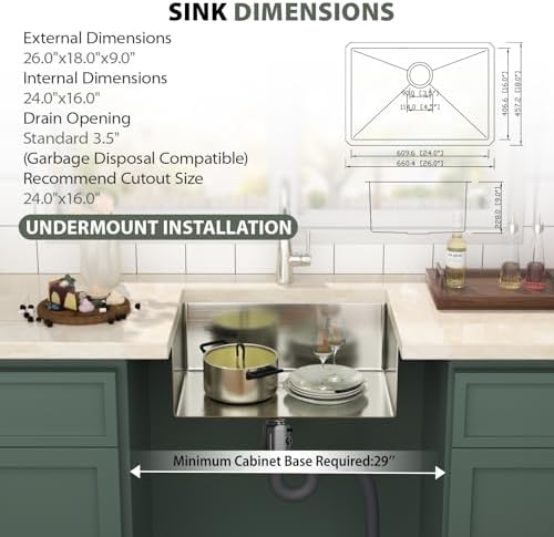Mocoloo 26 Inch Undermount Kitchen Sink - 26" x 18" T304 Stainless Steel Handmade Single Bowl Round Corner Under Counter 9" Deep Basin - Image 2