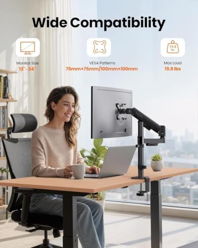 ErGear Single Monitor Arm, Adjustable Desk Gaming Monitor Mount for 13-34″ Screens, Up to 19.8 lbs, Enhanced Stability with Integrated C-Clamp, Upgraded Cable Management, Black - Image 2
