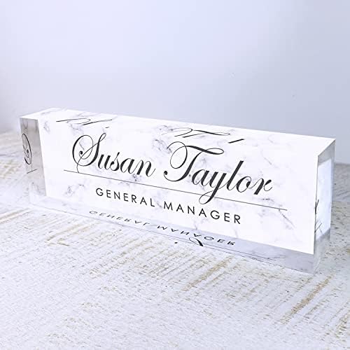 Artblox Personalized Name Plate for Desk | White Marble Design On Clear Acrylic Glass | Custom Plaque Desk Name Plate Personalized Your Name and Credentials Office Office Sign Engraved Plaque - Image 2