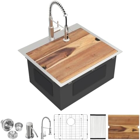 25" x 22" Drop In Workstation Laundry Utility Sink with Faucet by FULORNI