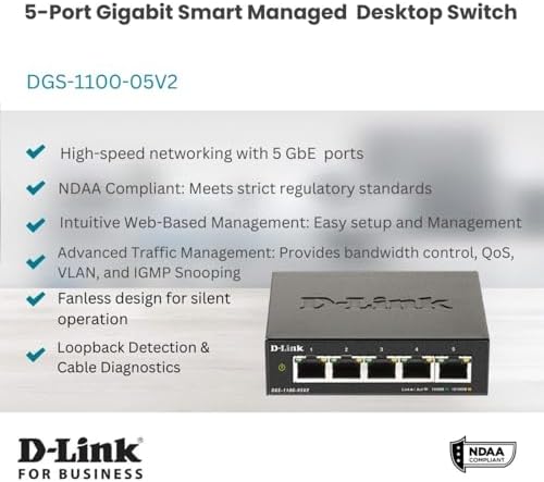 D-Link 5-Port Gigabit Smart Managed Ethernet Switch, L2, VLANs, QoS, IGMP Snooping, LAG, Web UI, Sturdy Metal with Shielded Ports, Desktop, Fanless, NDAA/TAA, Lifetime Product Coverage (DGS-1100-05V2) - Image 2