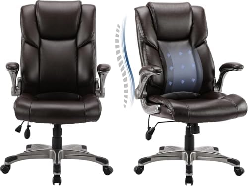 COLAMY Leather Executive Office Chair- High Back Home Computer Desk Chair with Padded Flip-up Arms, Adjustable Tilt Lock, Swivel Rolling Ergonomic Chair for Adult Working Study-Brown, Set of 2 by COLAMYHOME
