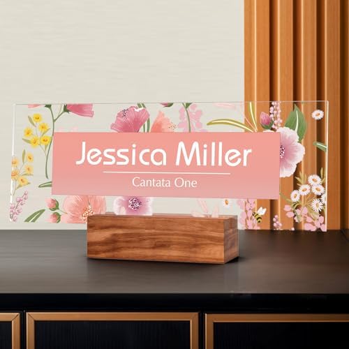 Personalized Name Plate for Desk with Walnut Wood Base | Clear Acrylic Office Decor with Flowers Design | Custom Desk Decorations | Ideal Personalized Gifts for Women with Name and Title Printing by nyareka