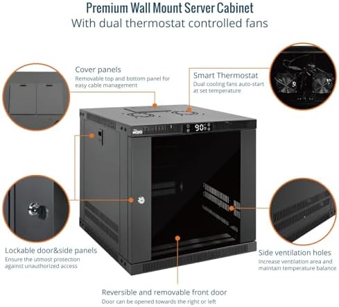Tecmojo 9U Wall Mount Rack with Thermostat, 17.7inch Depth Enclosed Server Cabinet with 2 Cooling Fans,Lockable Door & Hardware,9U Rack for 19inch Equipments,Glass Door - Image 3