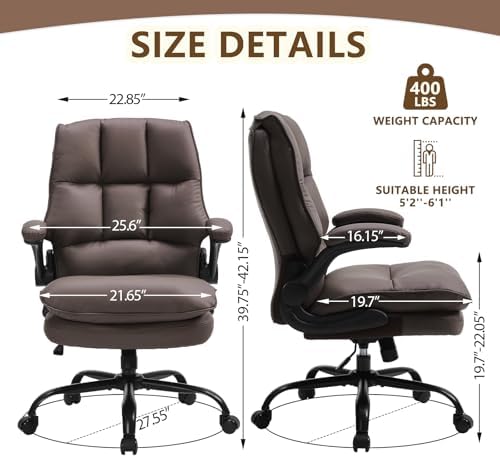 Comfy Office Chair Soft and Double Cushioned Ergonomic Computer Desk Chairs for Long Hours Executive Office Chair with Flip-up Armrests and Height Adjustment for Home Office Brown - Image 2