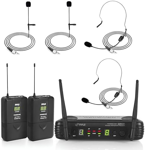 Pyle 2 Channel Wireless Microphone System - Portable UHF Digital Audio Mic Set with 2 Headset, 2 Lavalier lapel, 2 Transmitter, ¼’’ cable, power adapter - For Karaoke, PA, DJ, - PDWM3400,Black by PyleUSA