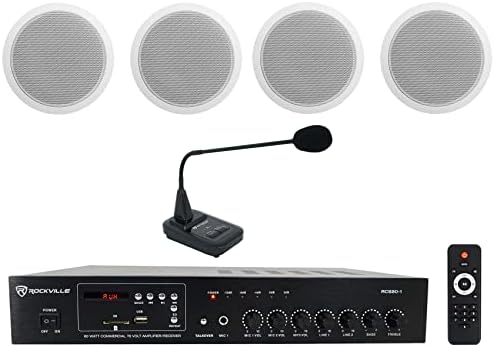 Rockville RCS80-1 60W 70V Restaurant Amp Bundle with 4 Ceiling Speakers by Rockville
