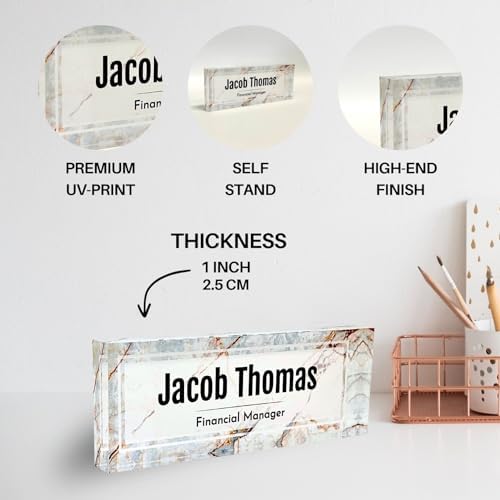 Customized Clear Acrylic Thick 8x3" Desk Name Plate Block with Personalized Logo - Professional Office Decor - Customized Acrylic Plate Gift for Teacher Co-workers (Beige Marble) - Image 2