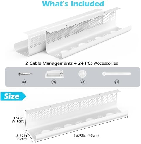 KHAMAL Cable Management Under Desk 26PCS - Cable Management Tray Kit Ventilated Hexagonal Design with Cable Clips, Wire Ties, Cord Holder & Screws for Office, Home - 2 White Sets - Image 4