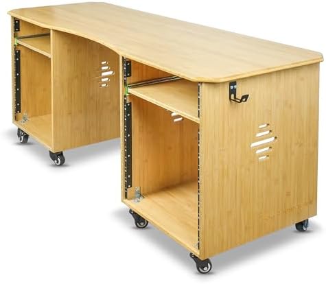 Sound Town Studio Desk Workstation with Dual 13U Side Rack Cabinets, Slide-Out Trays, Casters, for Recording Rooms and Home, Solid Carbonized Bamboo (SDRK-WS69CB) - Image 3