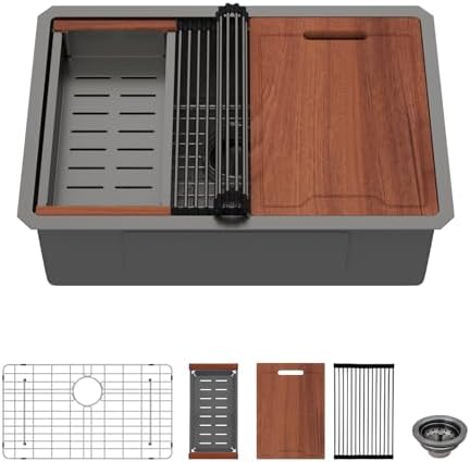 Lordear 27x19 Black Kitchen Sink - T304 16 Gauge Undermount Kitchen Sink Workstation Gunmetal Black Stainless Steel Single Bowl Handmade Round Corner 27x19x10 Inch by LORDEAR