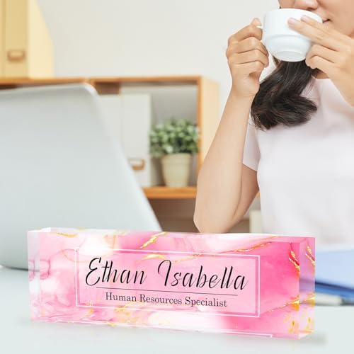 Custom Name Plate for Office - Personalized Desk Decor, Employee Appreciation Gifts - Pink Marble - Image 2