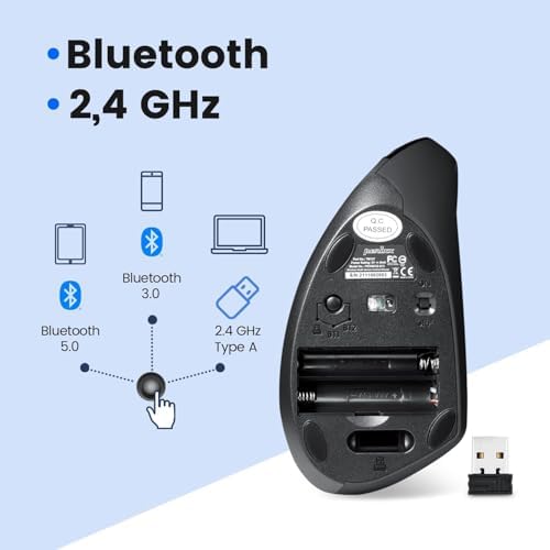 Perixx PERIMICE-813B Bluetooth Vertical Mouse - Wireless 3-in-1 Multi-Device Technology - Travelling Carry Bag - Black - Right Handed - Image 3