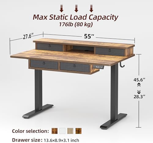 TIQLAB 55 * 28 Inch Standing Desk with Four Drawers, Electric Sit Stand Table, Stand Up Desk Adjustable Height with Storage Shelf, Splice Board, Rustic Brown - Image 3