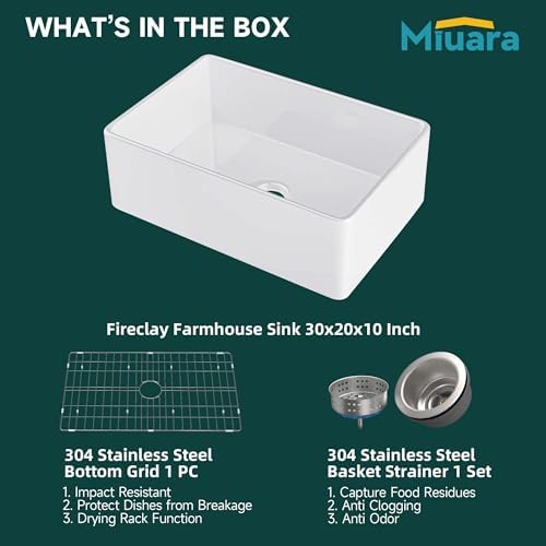 Miuara Farmhouse Sink 30 x 20 Inch White Fireclay Apron Front Kitchen Sink - Image 6
