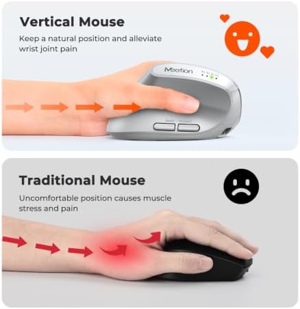 MEETION Left-Handed Ergonomic Vertical Mouse, Wireless, Rechargeable, Gray - Image 3