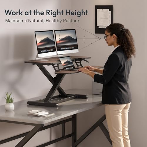 FLEXISPOT Standing Desk Converter 42" Premium Large Desk Riser for Triple Monitor, Spacious Desktop Sit Stand Workstation with Ergonomic Height Adjustment, Modern Stand Up Desk Riser, Walnut - Image 4