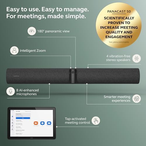 Jabra PanaCast 50 Video Bar System - All-in-one Meeting Room Solution, Audio bar, 180° Full-Room Webcam, Intelligent AI-Enabled Features, and PanaCast Control Touchscreen - Zoom Certified - Black - Image 2