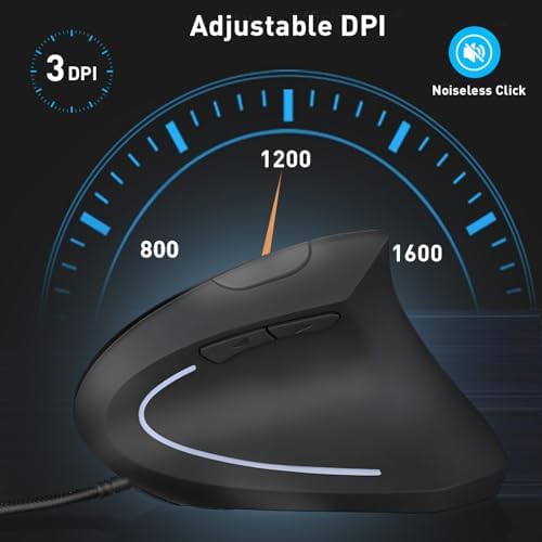 Wired Ergonomic Mouse, USB Wired Vertical Mouse with 800/1200/1600 Adjustable DPI, 6 Buttons Ergonomic Mouse for Laptop/PC/Desktop-Black - Image 3