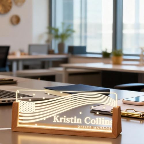 Personalized Light Up Acrylic Desk Name Plate - Custom Name Plate for Desk with Walnut Wood Base - Appreciation Office Gifts for Employees, Teacher, Social Worker (Stars) - Image 2