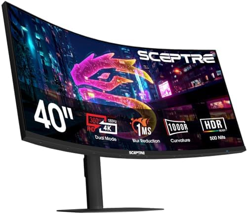 New! Sceptre Curved 39.7-inch 5K2K 5120 x 2160 UHD+ Prime Gaming Monitor up to 180Hz 1000R 1ms DisplayPort X2 HDMI X2 Build-in Speakers, Height Adjustable Machine Black 2027 (C415B-UUS360 Series) by SceptreInc