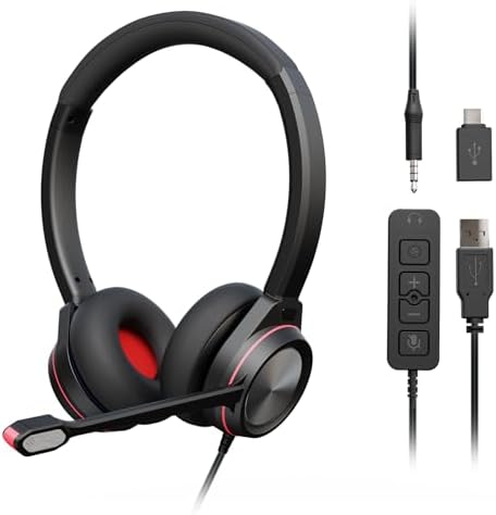 USB Headset with Microphone for PC, 3.5mm & USB A/Type C Wired Computer Headset, Corded PC Headphone with Noise Cancelling Mic, Office Headphones for Business Call Center Teams Laptop by Unknown
