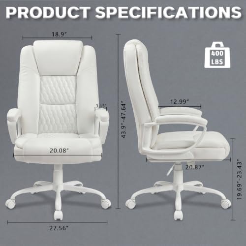 LEMBERI High Back PU Leather Executive Office Chair, Adjustable Swivel Computer Desk Chair with Padded Armrests for Home Office, White - Image 3