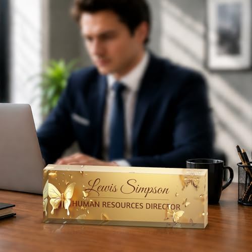 Custom Name Plate for Desk, Office Desk Double sided pattern Name Plate Personalized Office Desk Decor for Women and Men, Teacher Nurse Boss Employee Appreciation Gifts (Golden Butterfly, customization) by Unknown