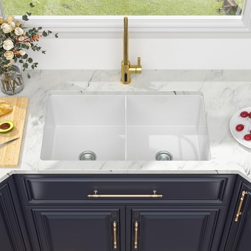 Kichae 32 White Undermount Kitchen Sink - 32x19 Inch Double Bowl Sink Undermount/Drop In Fireclay Ceramic Porcelain Dual Mount Double Basin 50/50 by Kichae